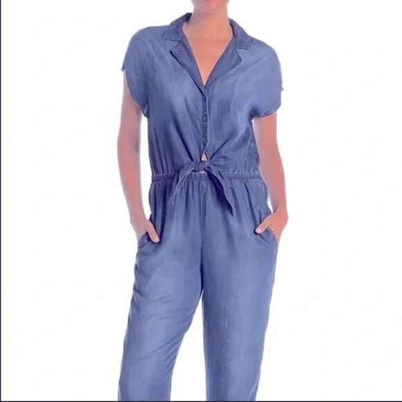 Cloth And Stone Tie Front Straight Leg Jumpsuit In Blue Size L - Picture 1 of 12